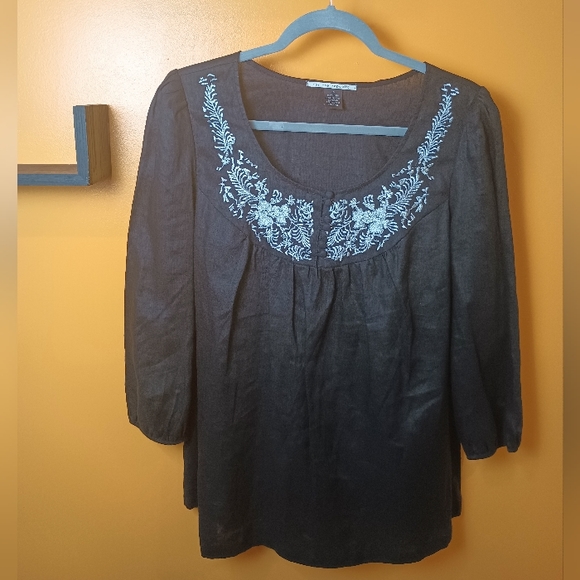 For The Republic Black and White Long Sleeve Embroidered 100% Linen Top Size 12 - Picture 2 of 16